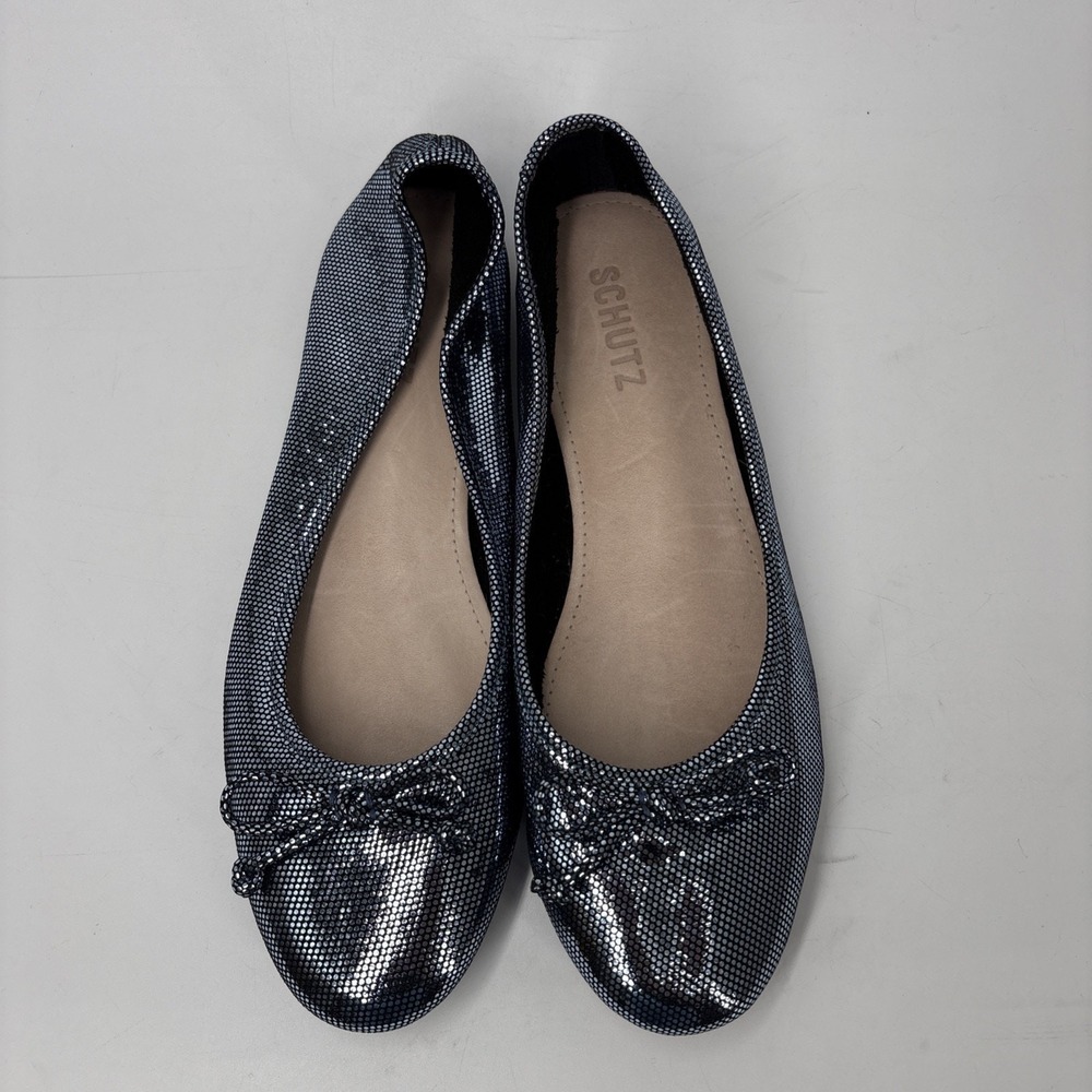 Schutz Damaris Metallic Blue Ballet Flat Women 7B Leather Round Toe